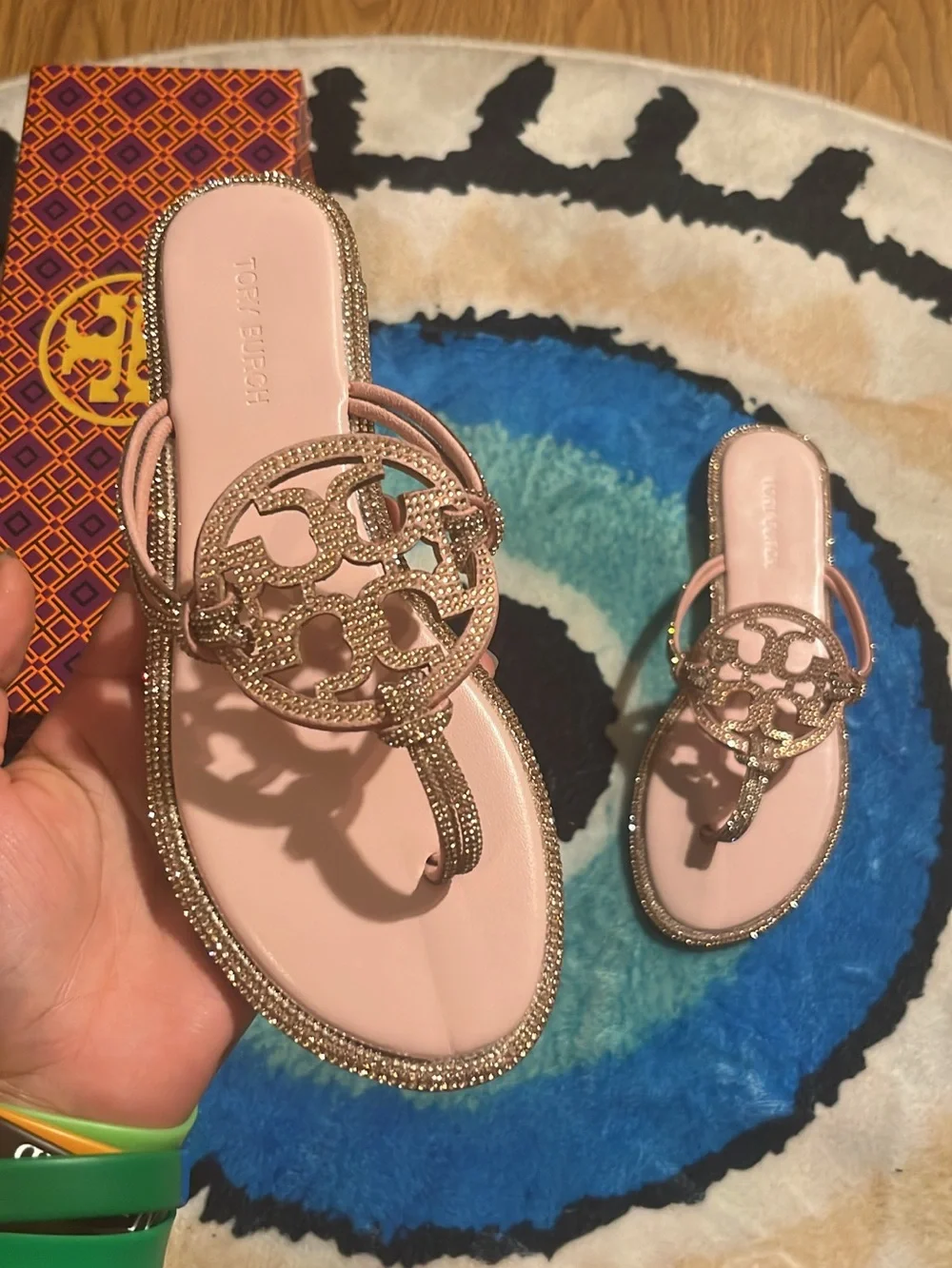 Tory Burch Blush Pink Crystal Logo Thong Sandals